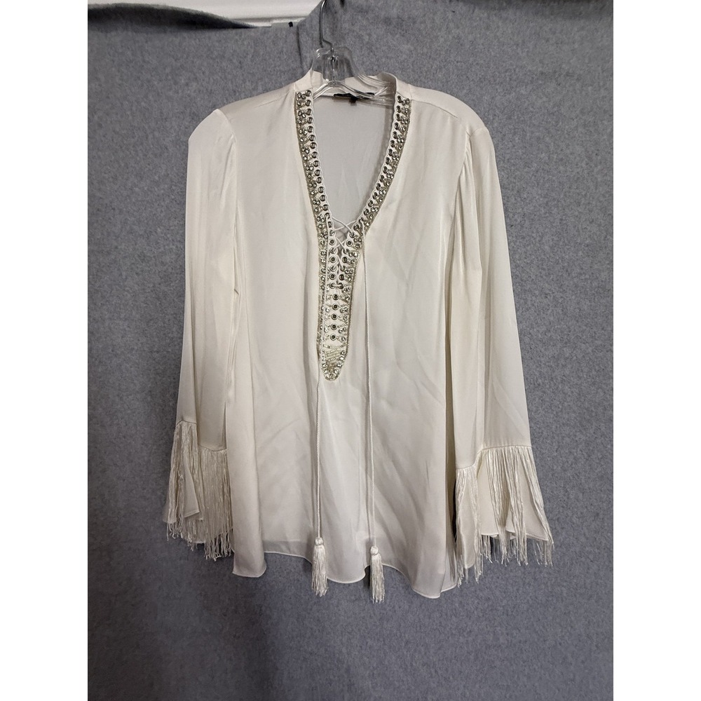 Kobi Halperin Blouse Womens Medium White Silk Fringe Rhinestone Boho‎ Tunic Top